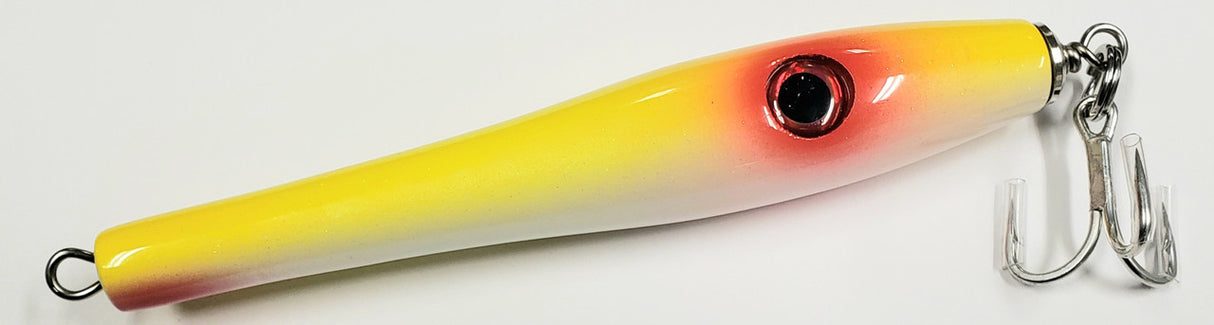 HIL POPPER WHITE 3.75" YELLOW BUCKTAIL 3/4-1 OZ WOODEN THRU-WIRE NEUTRAL