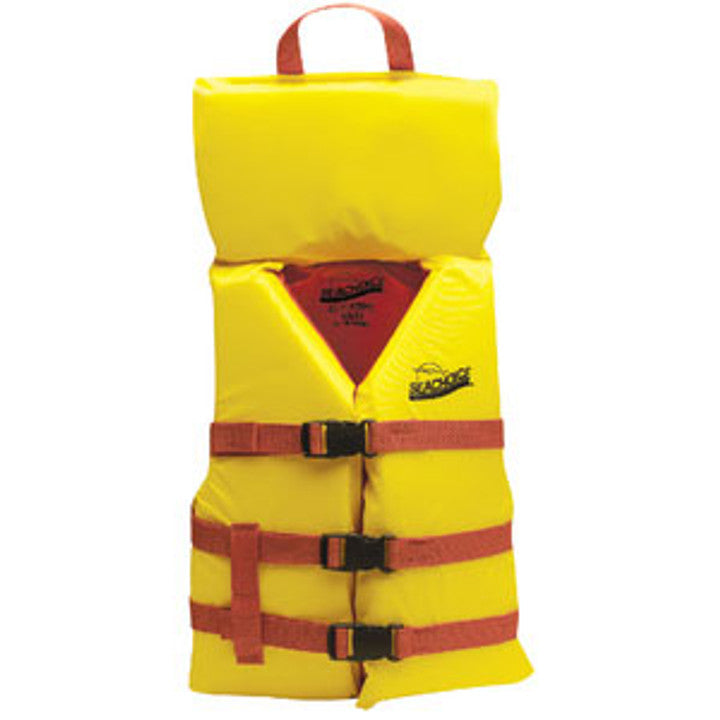 SEACHOICE TYPE ll 50-90 LBS DELUXE YOUTH VEST , RED/YELLOW LIFE VEST WITH POP-UP PILLOW