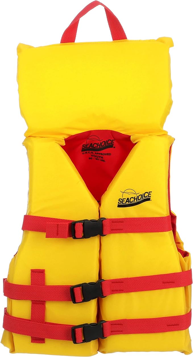 SEACHOICE TYPE ll 50 LBS DELUXE CHILDRENS VEST , RED/YELLOW LIFE VEST WITH POP-UP PILLOW