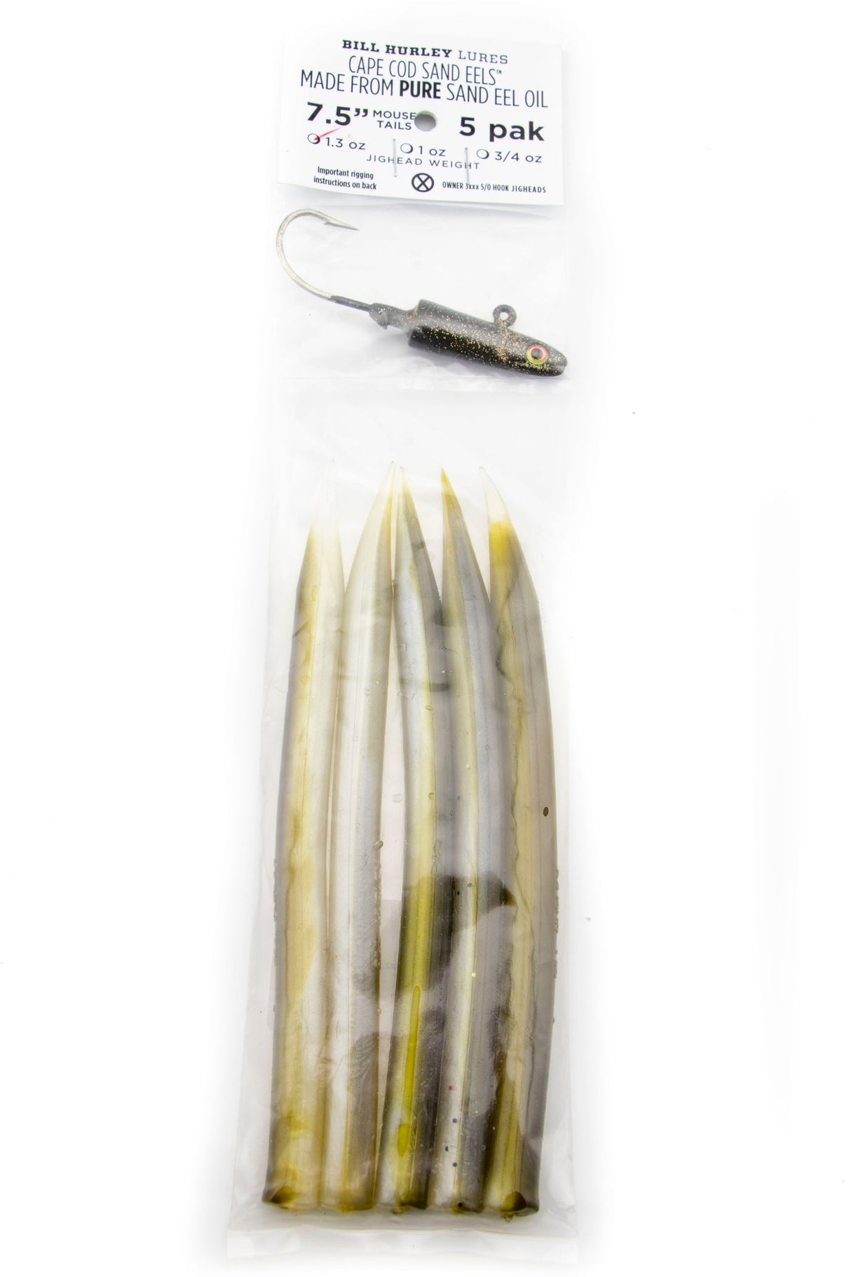 BILL HURLEY 7.5" CAPE COD SAND EEL OLIVE WEED GUARD 5 PK
