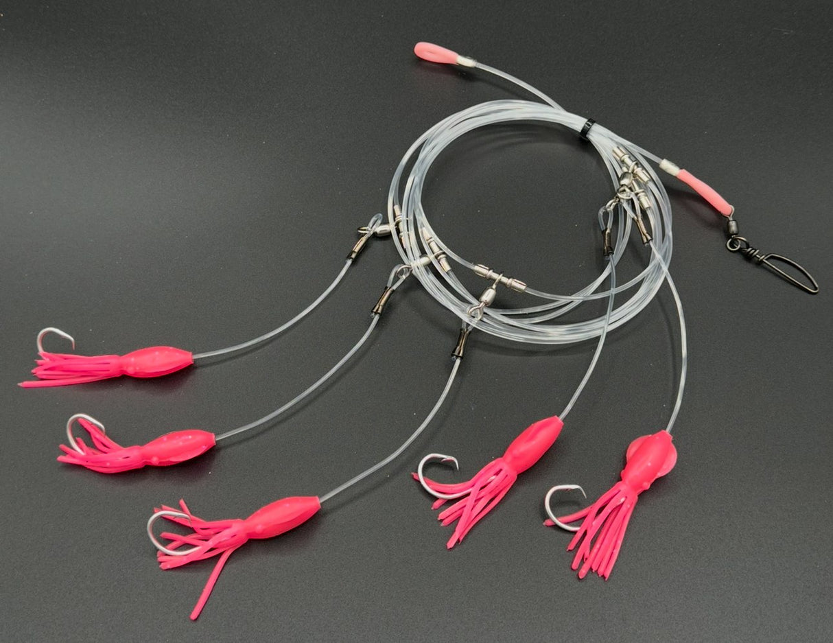 LINE-SIDED TACKLE ROSIE RIG W/PINK GLOW SQUID SIZE 9/0 MUSTAD 400 LB TRUNK