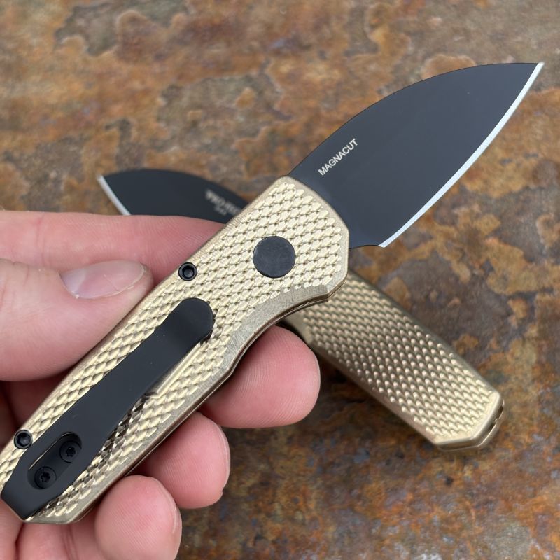 PRO-TECH RUNT 5 ALBRONZE Textured Handle w/DLC Magnacut Wharncliffe Blade.