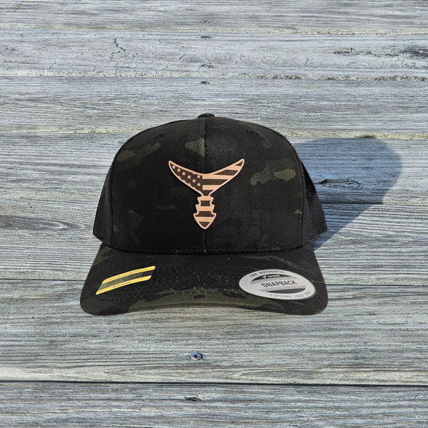 CHASING TAIL SNAP BACK HAT BLACK MULTI CAM/BLACK AMERICAN LEATHER