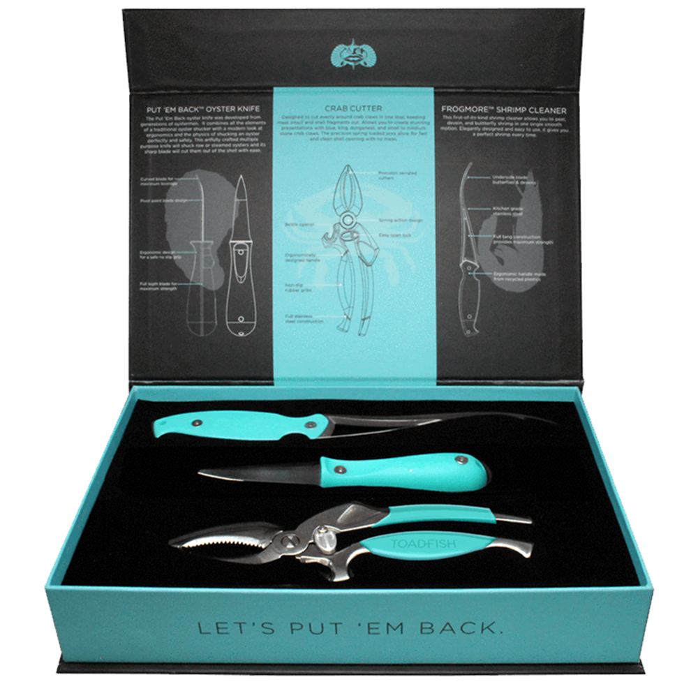 TOADFISH FROGMORE SHRIMP CLEANER & CRAB CUTTER & OYSTER KNIFE TEAL HANDLE