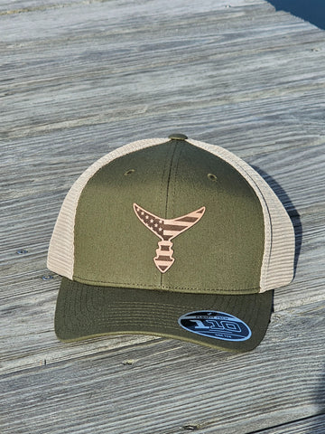 CHASING TAIL SNAP BACK HAT OLIVE/TAN WITH AMERICAN LEATHER