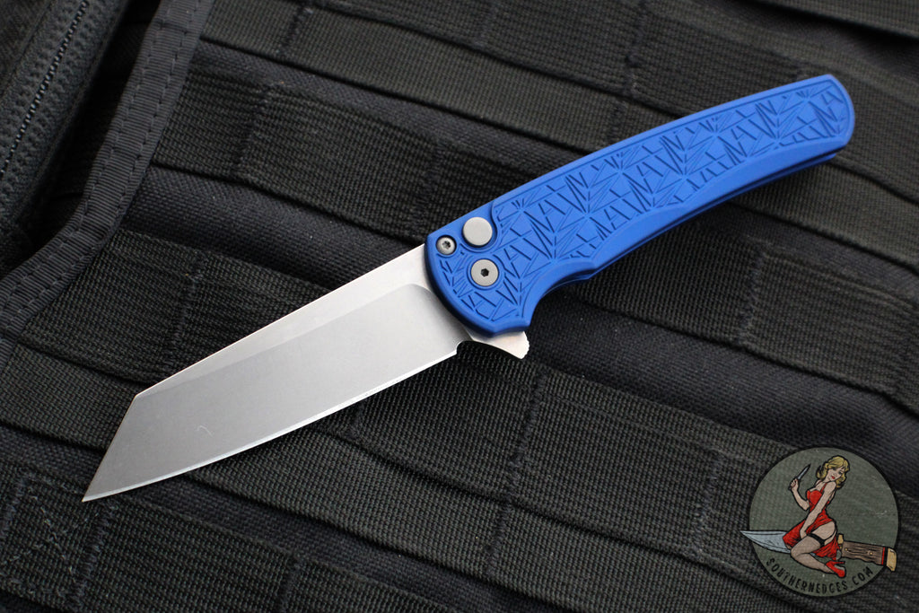 PROTECH MALIBU FLIPPER, Blue Aluminum Handle, Stonewash Reverse Tanto