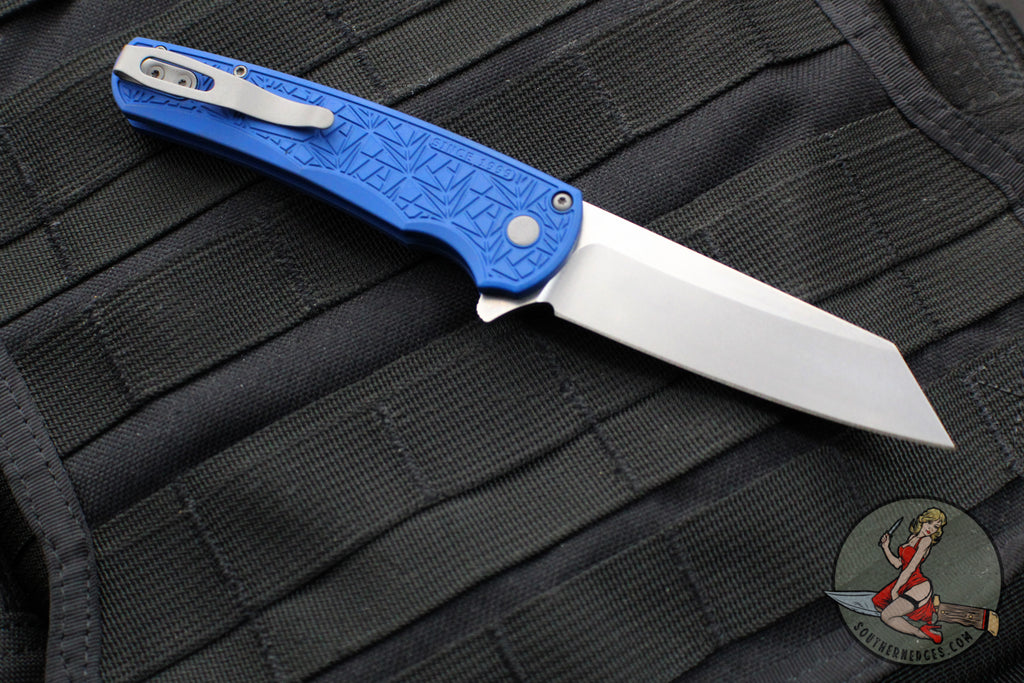 PRO-TECH MALIBU FLIPPER, Blue Aluminum Handle, Stonewash Reverse Tanto Magnacut Blade