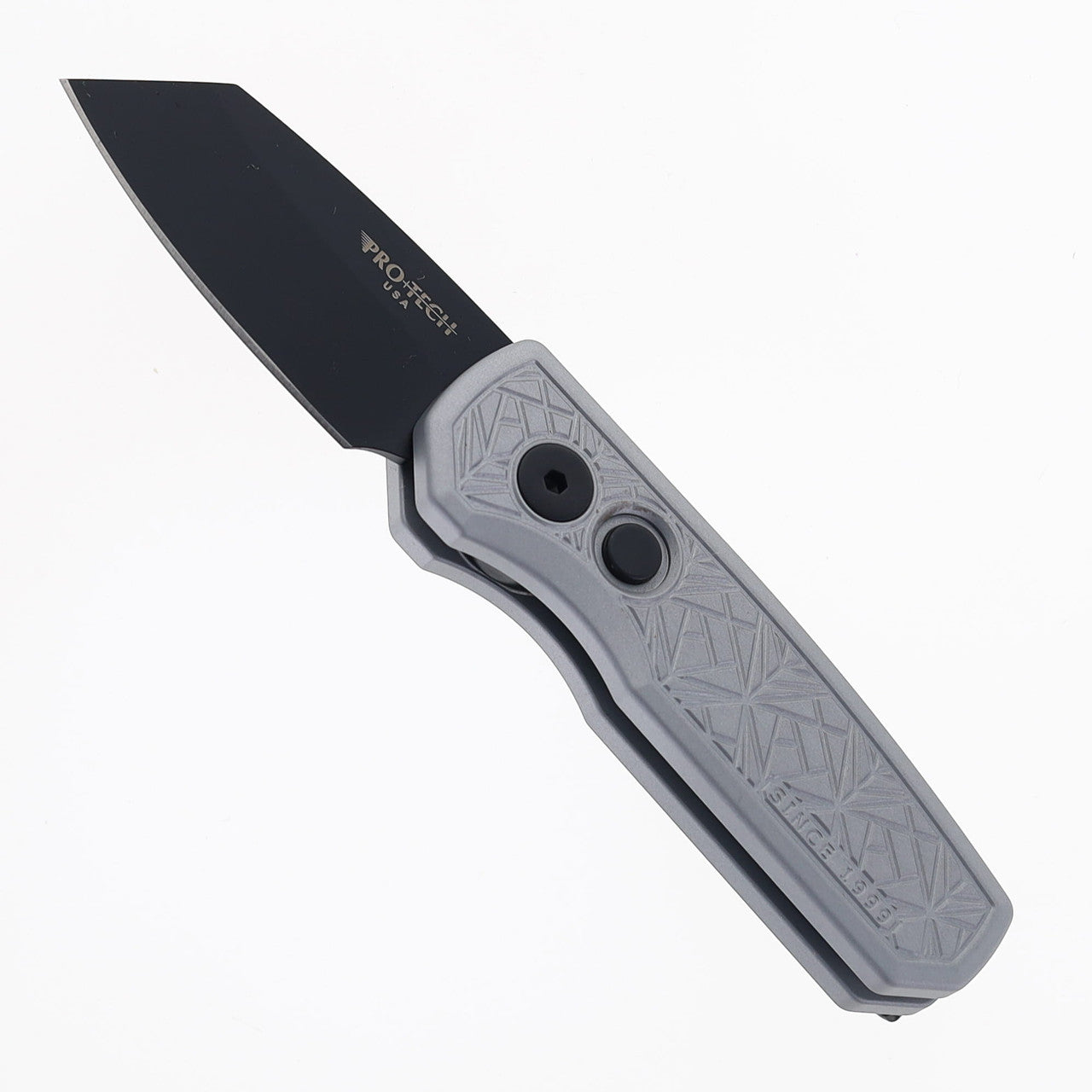 PRO-TECH RUNT 5 NEXUS Textured Grey anodized handle, DLC Black 20-CV Reverse Tanto Blade.