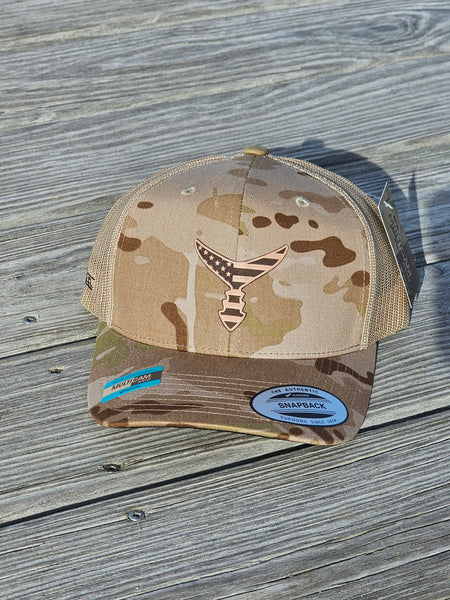 CHASING TAIL SNAP BACK HAT ARID MULTI CAM/TAN AMERICAN LEATHER