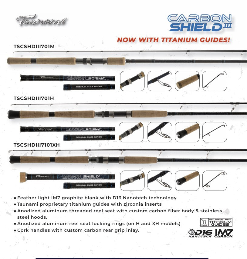 tsunami carbon shield 2 spinning rods Tsunami Carbon Shield III Spinning Rod TSCSHDIII701M