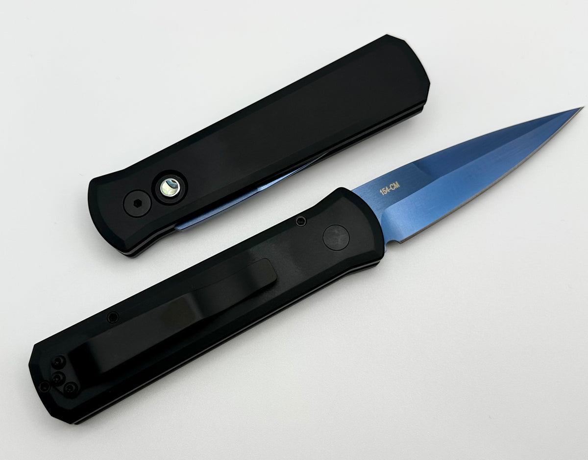 PRO-TECH GODSON, Sapphire Blue Blade, Solid Black Handle, Abalone Button