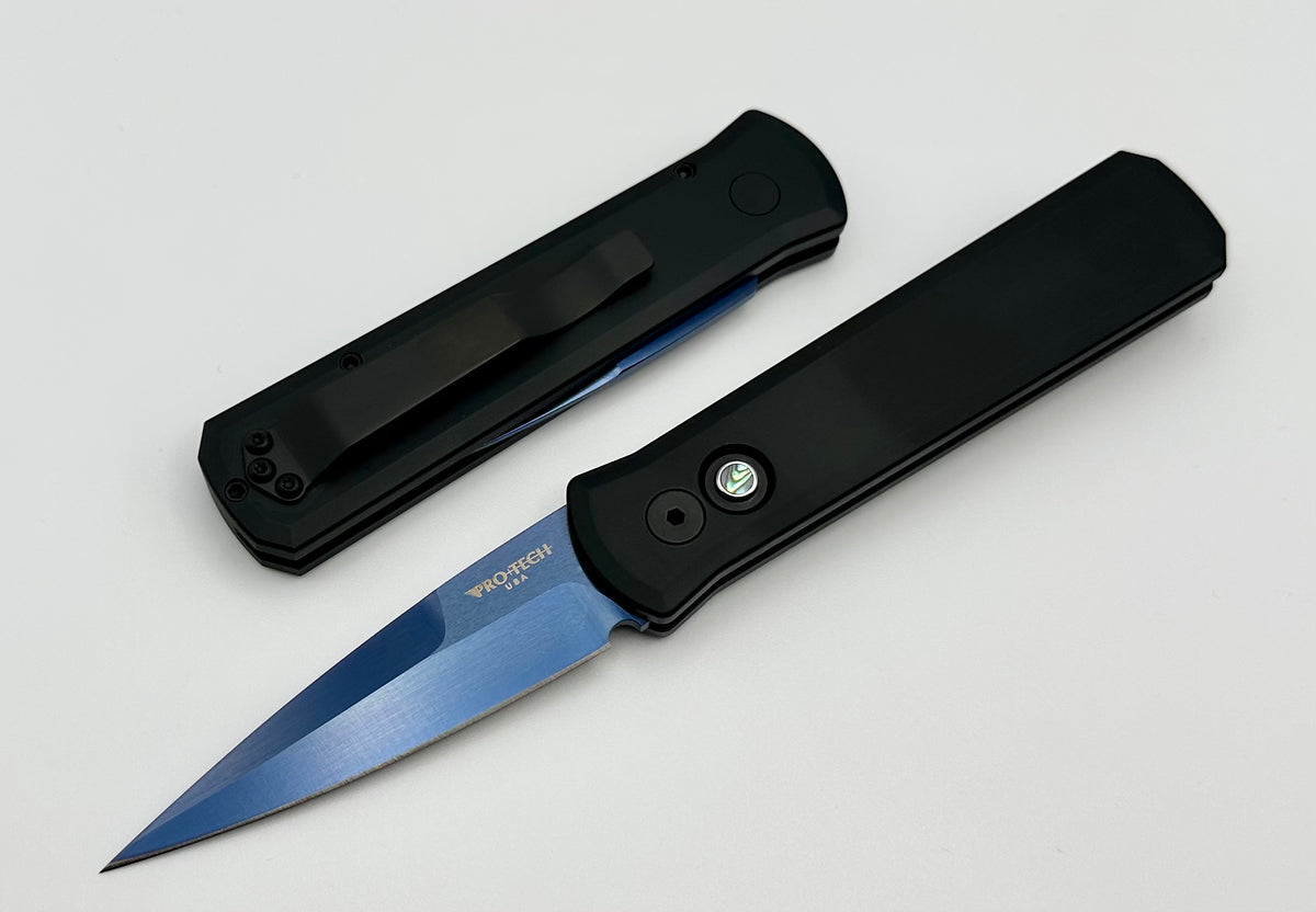 PRO-TECH GODSON, Sapphire Blue Blade, Solid Black Handle, Abalone Button