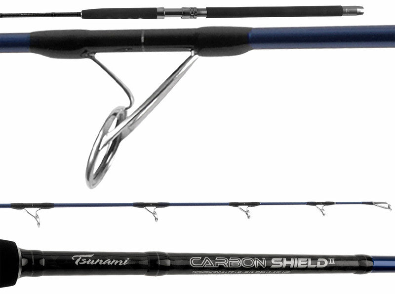 carbon blue fishing pole TSUNAMI CARBON SHIELD II BOAT POPPING 7'6" H MOD 40-80 LB BLUE ROD