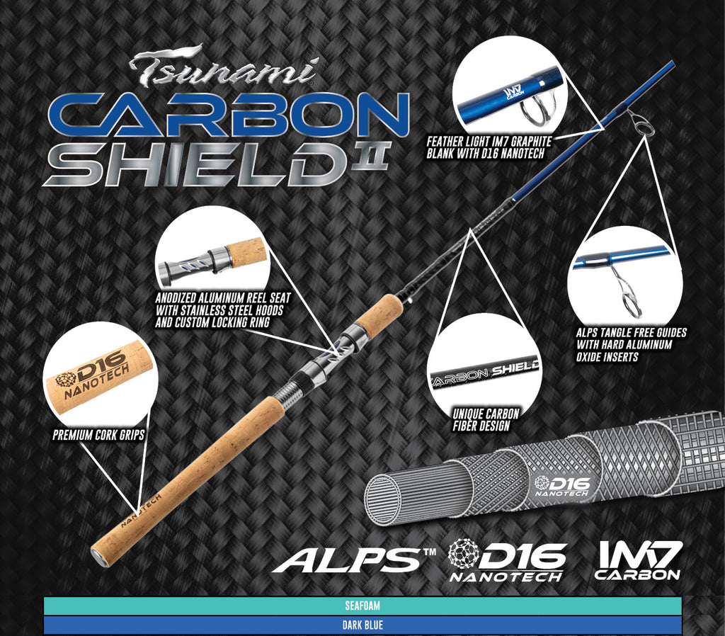 tsunami carbon shield 2 rod 8ft TSUNAMI CARBON SHIELD II INSHORE BLUE SPINNING ROD